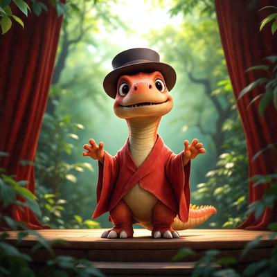The primary subject of the image is a cartoon character, specifically a small dinosaur wearing a top hat and a red robe. The character is standing on a stage, with a curtain in the background. The visual style of the image is digital art, and the colors and mood are vibrant and lively.